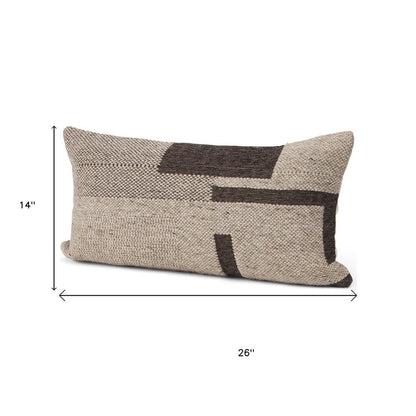 14" X 26" Beige And Dark Brown Lumbar Color Block Wool Blend Throw Pillow Cover with Texture
