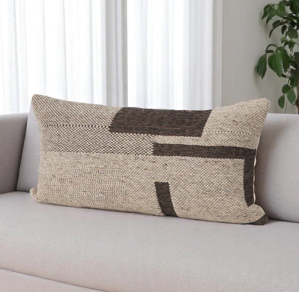 14" X 26" Beige And Dark Brown Lumbar Color Block Wool Blend Throw Pillow Cover with Texture — view 2