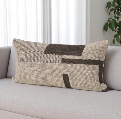 14" X 26" Beige And Dark Brown Lumbar Color Block Wool Blend Throw Pillow Cover with Texture