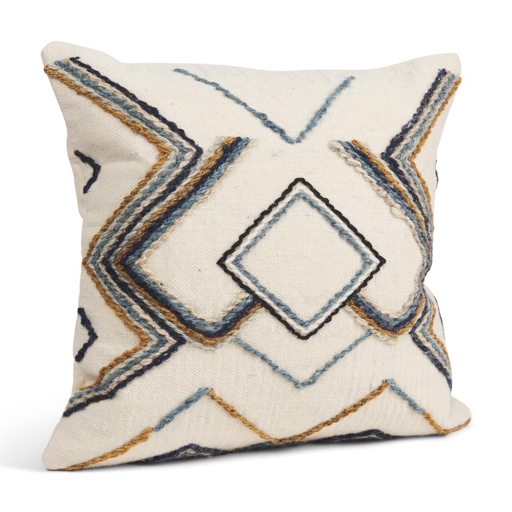 20" Blue Yellow And Black Geometric Wool Blend Throw Pillow Cover with Texture
