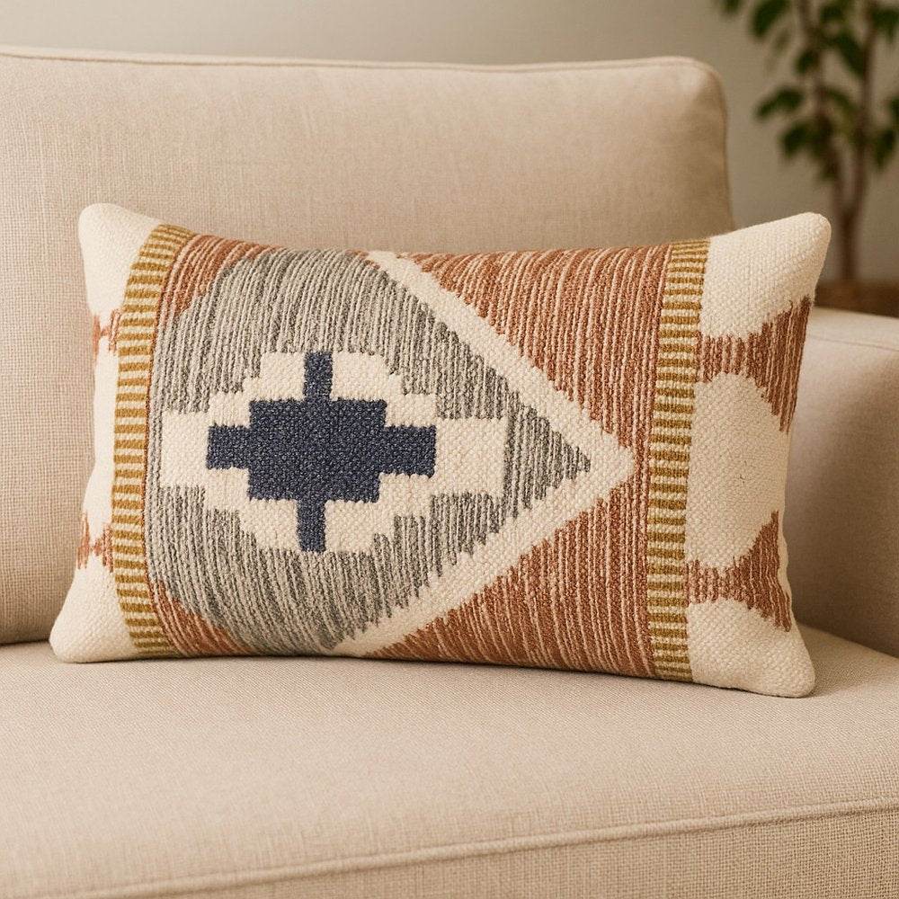 20" X 21" Black Gray And Cream Lumbar Ikat Wool Blend Throw Pillow Cover with Texture