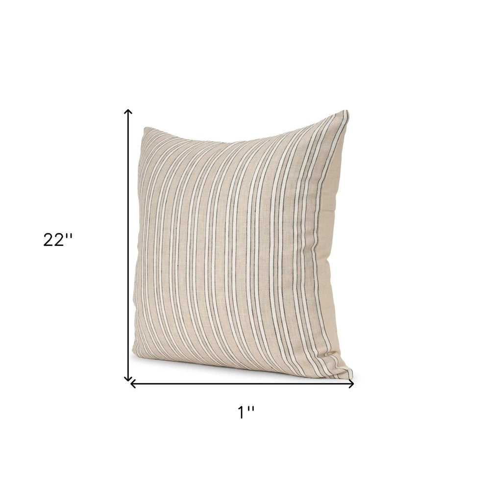 22" Beige And Black Striped Cotton Blend Throw Pillow Cover with Texture