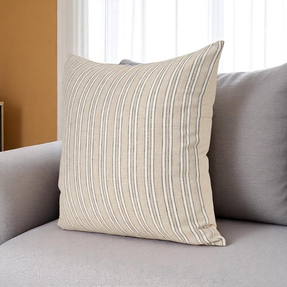 22" Beige And Black Striped Cotton Blend Throw Pillow Cover with Texture — view 5