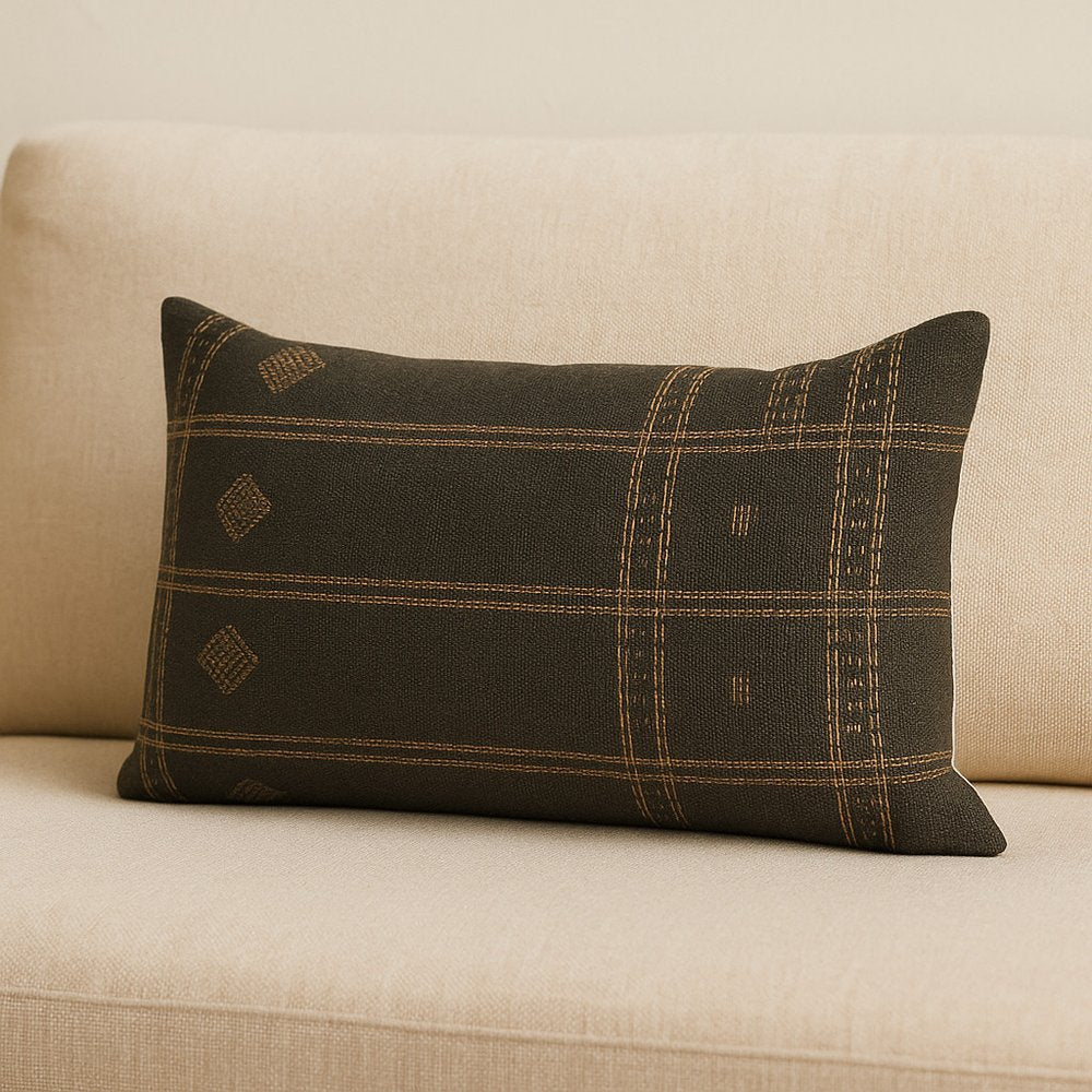 22" X 22" Dark Green And Tan Lumbar Geometric Cotton Throw Pillow Cover with Texture