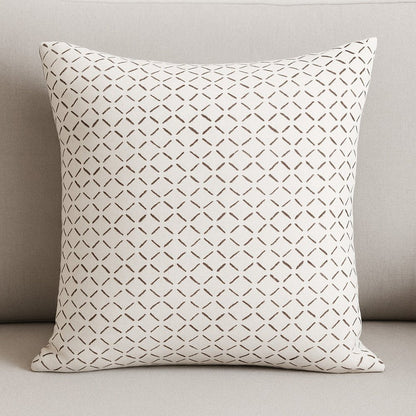 22" Cream And Merlot Geometric Linen Throw Pillow Cover with Embroidery