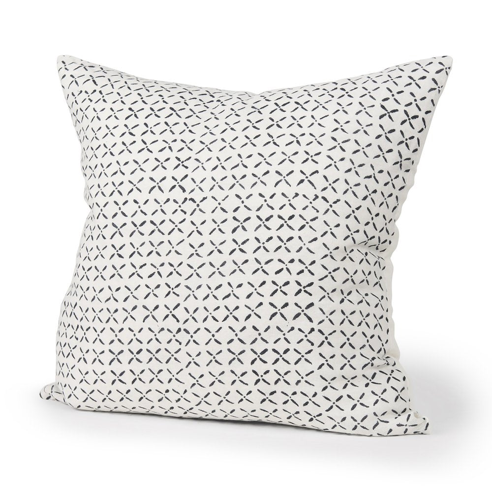 22" Cream And Black Geometric Linen Throw Pillow Cover with Embroidery