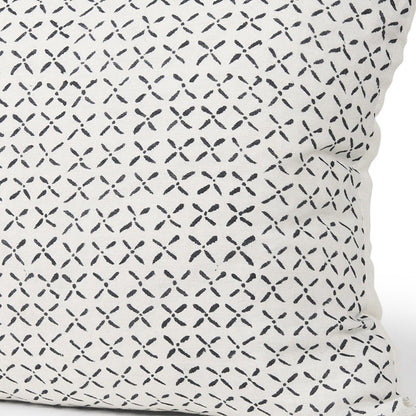 22" Cream And Black Geometric Linen Throw Pillow Cover with Embroidery