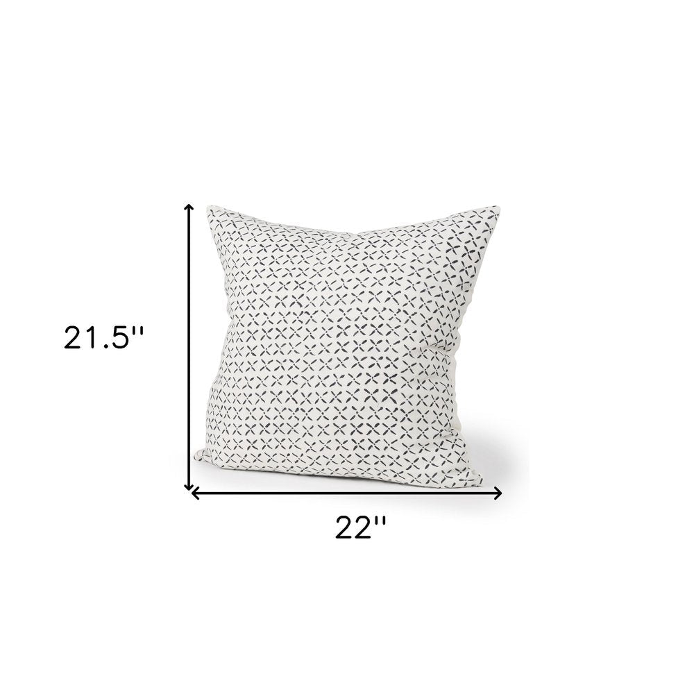 22" Cream And Black Geometric Linen Throw Pillow Cover with Embroidery