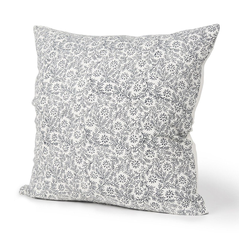 22" Cream And Indigo Botanical Linen Throw Pillow Cover with Embroidery