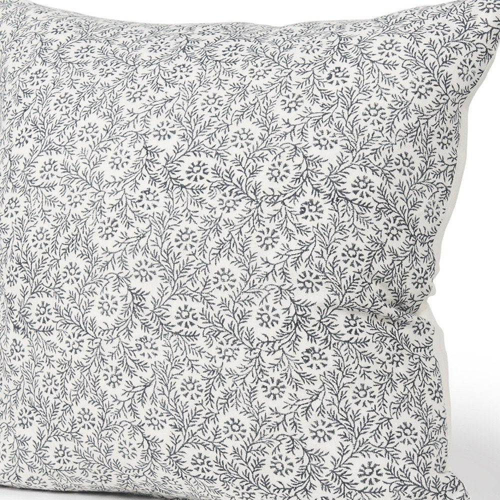 22" Cream And Indigo Botanical Linen Throw Pillow Cover with Embroidery