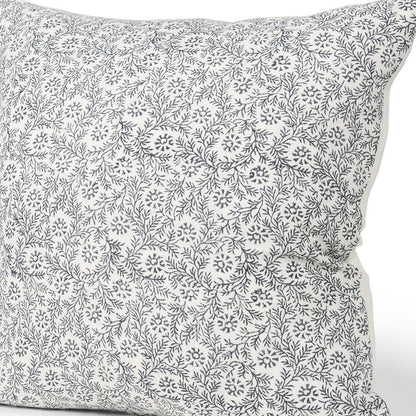 22" Cream And Indigo Botanical Linen Throw Pillow Cover with Embroidery