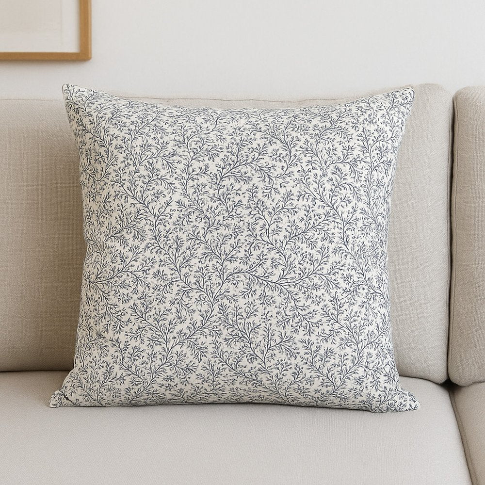 22" Cream And Indigo Botanical Linen Throw Pillow Cover with Embroidery — view 5