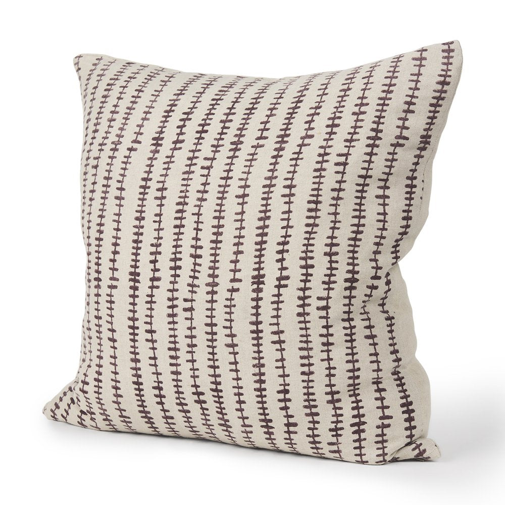 22" Beige And Merlot Striped Linen Throw Pillow Cover with Embroidery — view 1