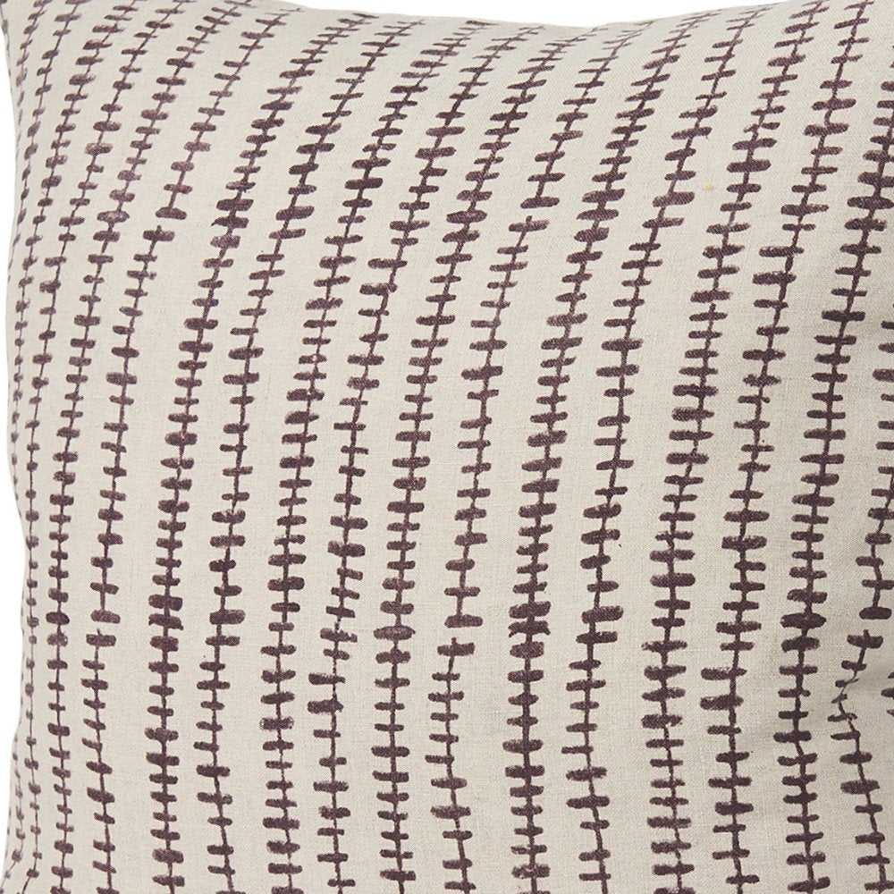 22" Beige And Merlot Striped Linen Throw Pillow Cover with Embroidery