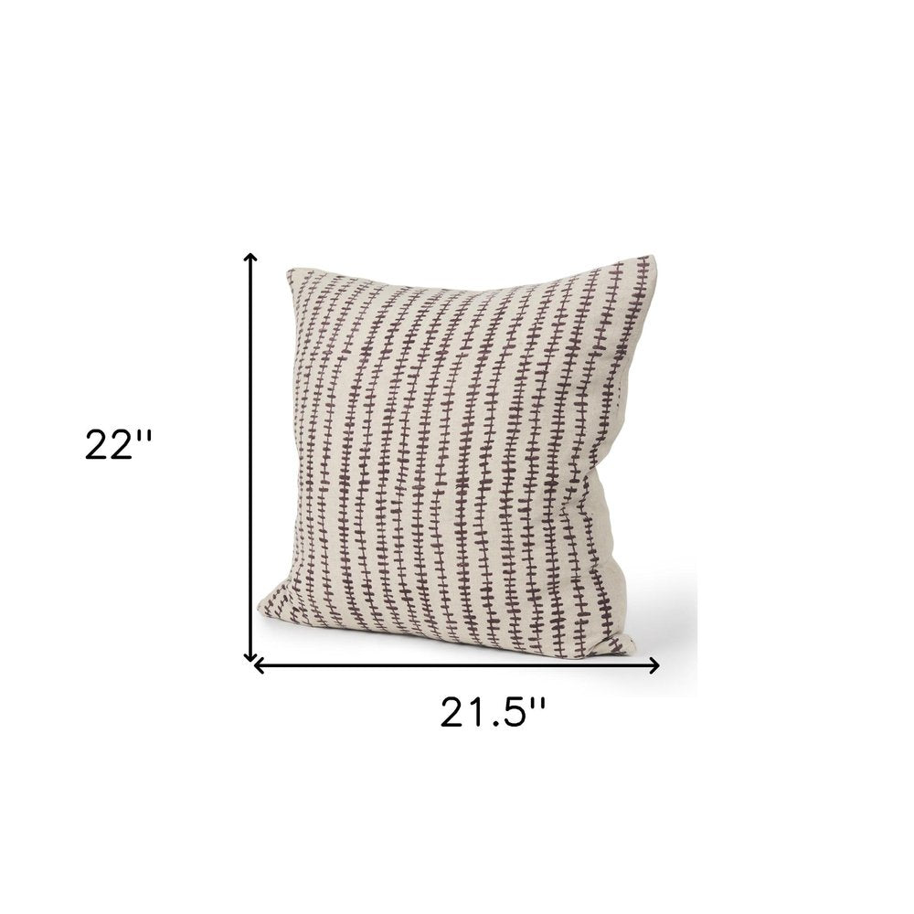 22" Beige And Merlot Striped Linen Throw Pillow Cover with Embroidery — view 9