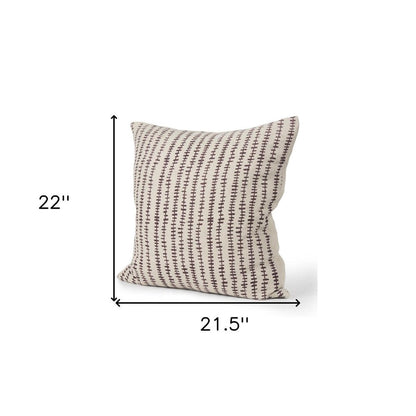 22" Beige And Merlot Striped Linen Throw Pillow Cover with Embroidery