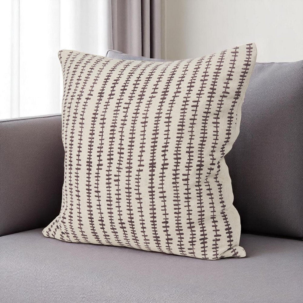 22" Beige And Merlot Striped Linen Throw Pillow Cover with Embroidery — view 6