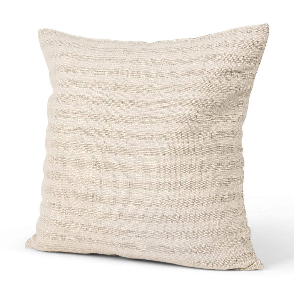 22" Cream And Beige Striped Linen Blend Throw Pillow Cover with Embroidery