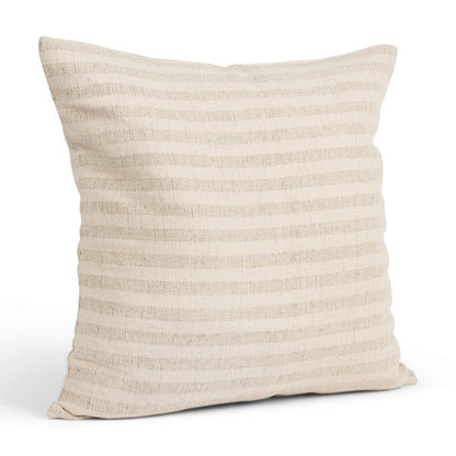 22" Cream And Beige Striped Linen Blend Throw Pillow Cover with Embroidery