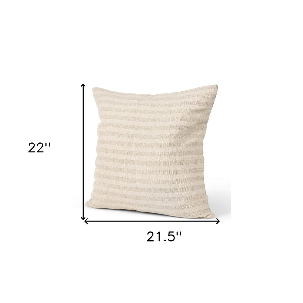 22" Cream And Beige Striped Linen Blend Throw Pillow Cover with Embroidery — view 4