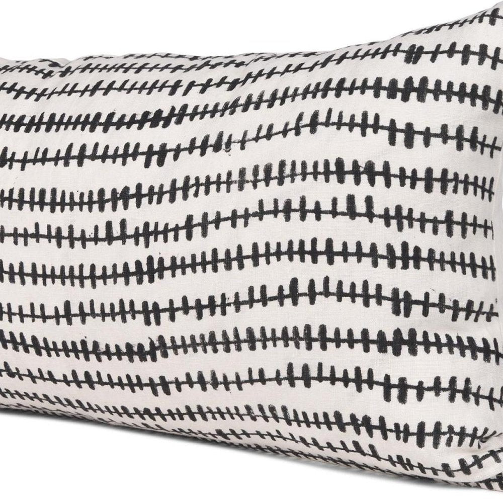 14" X 26" Black And Cream Striped Linen Throw Pillow Cover with Texture