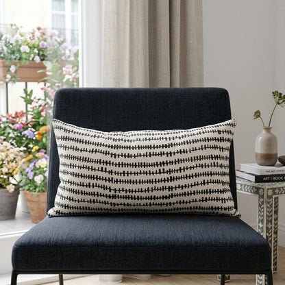 14" X 26" Black And Cream Striped Linen Throw Pillow Cover with Texture