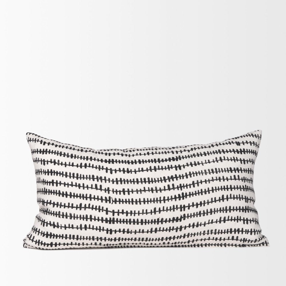14" X 26" Black And Cream Striped Linen Throw Pillow Cover with Texture