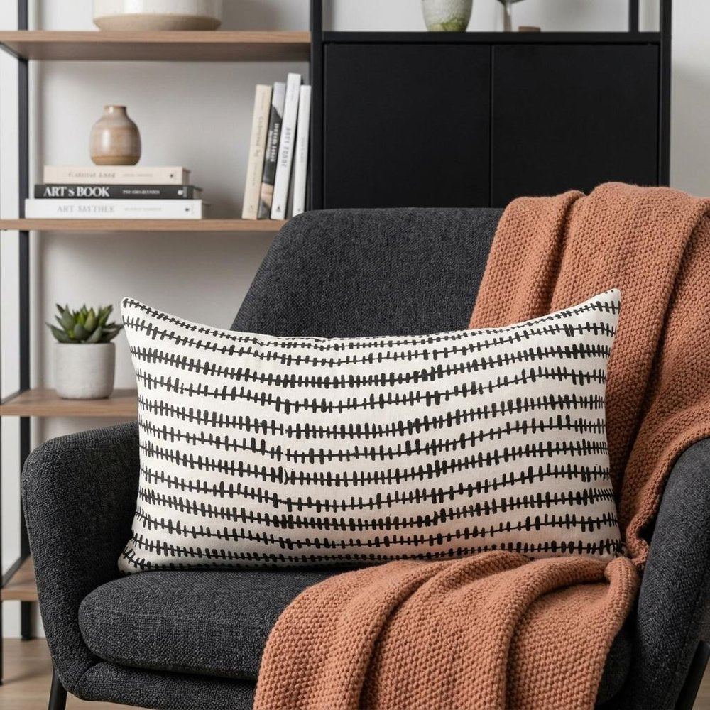14" Black Striped Linen Throw Pillow Cover — view 5
