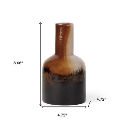 9" Amber Cream And Dark Brown Abstract Tulip Glass Table Vase HomeRoots