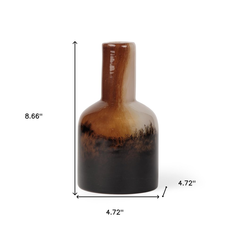 9" Amber Cream And Dark Brown Abstract Tulip Glass Table Vase HomeRoots