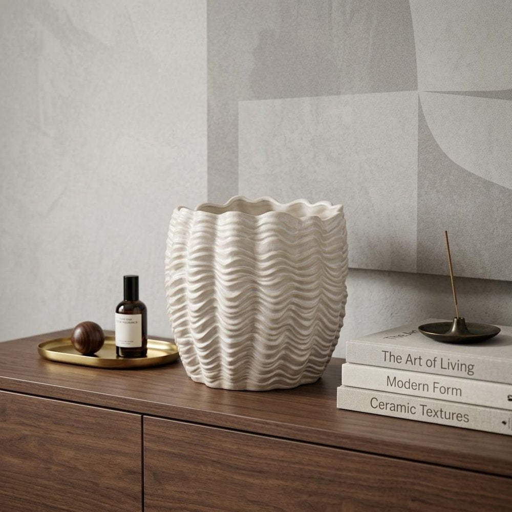11" Cream Ceramic Sculptural Waves Table Vase HomeRoots