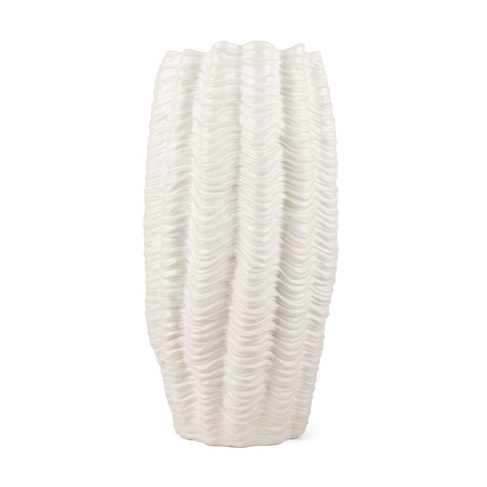 24" Cream Cylinder Ceramic Sculptural Waves Table Vase HomeRoots