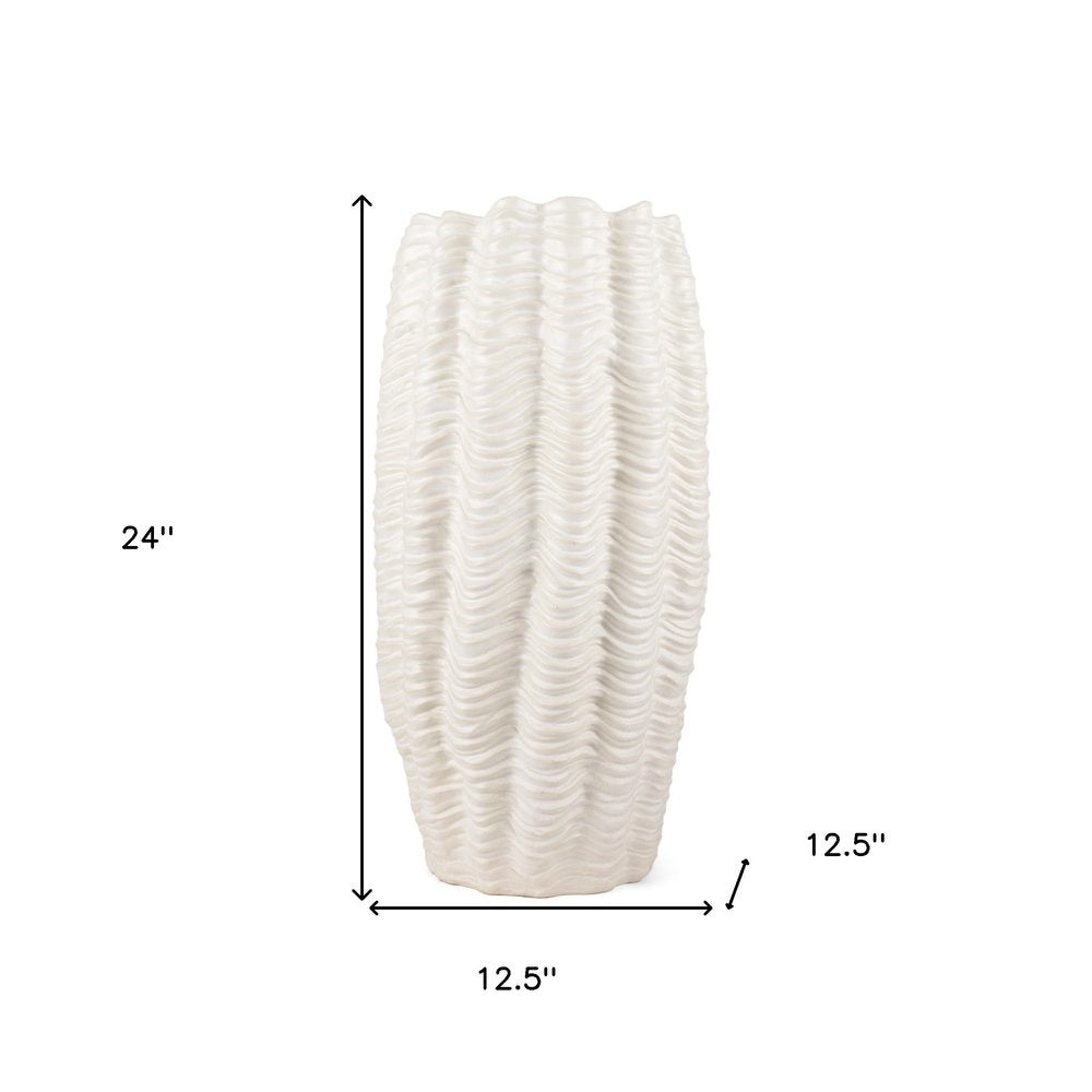 24" Cream Cylinder Ceramic Sculptural Waves Table Vase HomeRoots