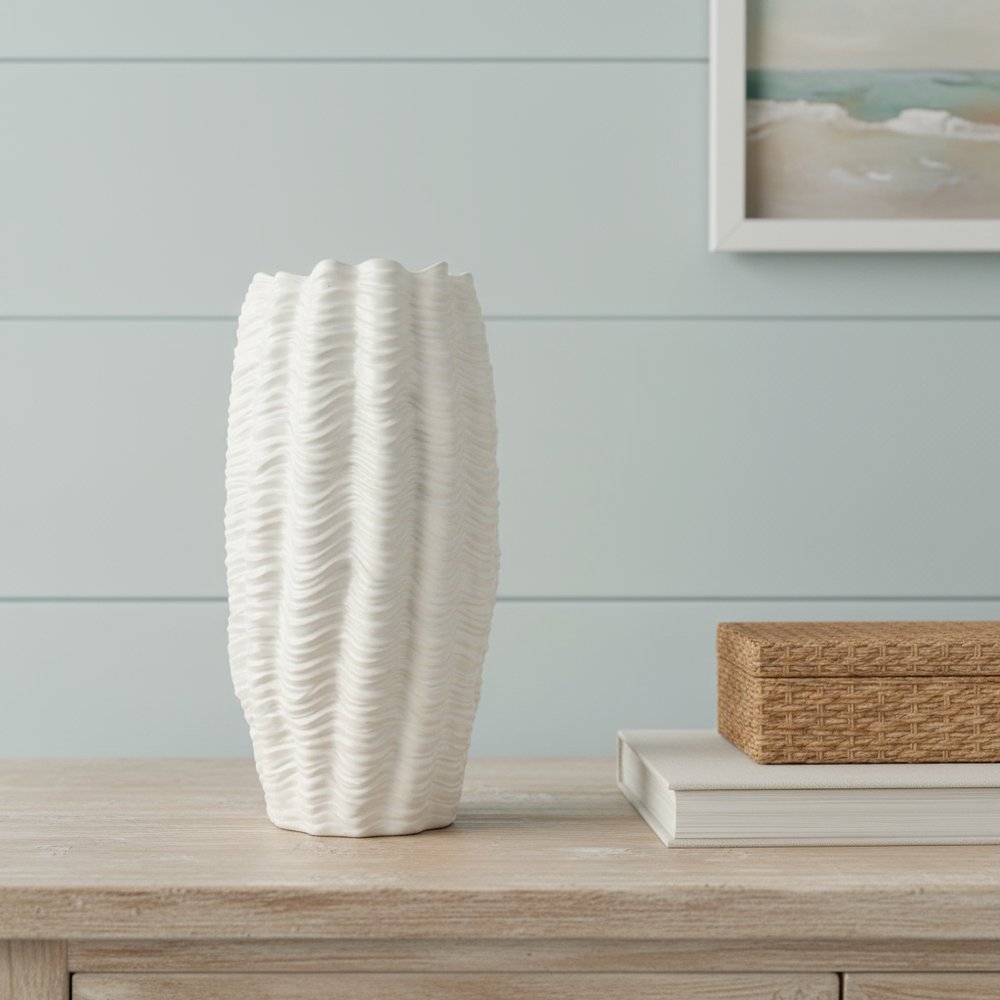 24" Cream Cylinder Ceramic Sculptural Waves Table Vase HomeRoots