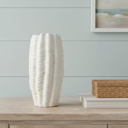 24" Cream Cylinder Ceramic Sculptural Waves Table Vase HomeRoots