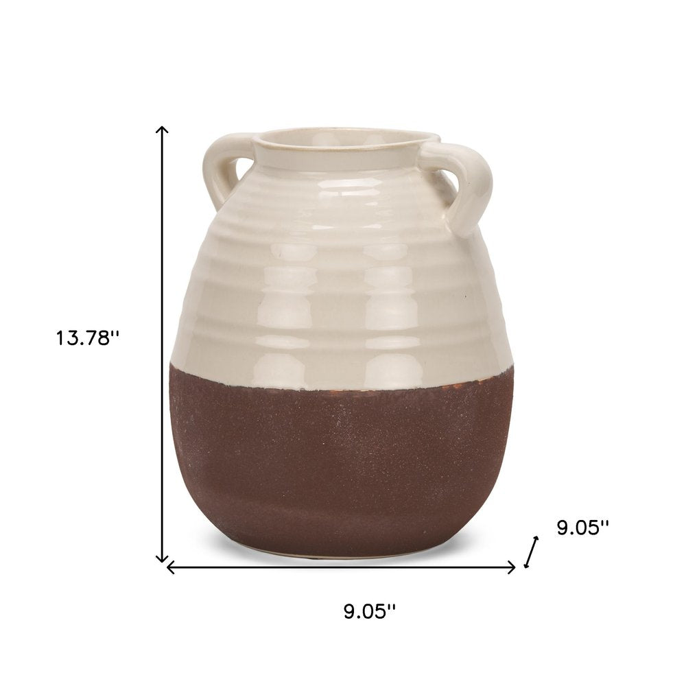 14" Brown And Cream Ceramic Amphora Table Vase HomeRoots