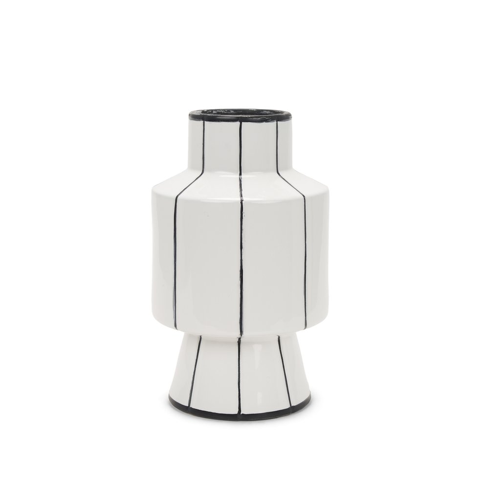 13" White And Black Striped Ceramic Cylinder Table Vase HomeRoots