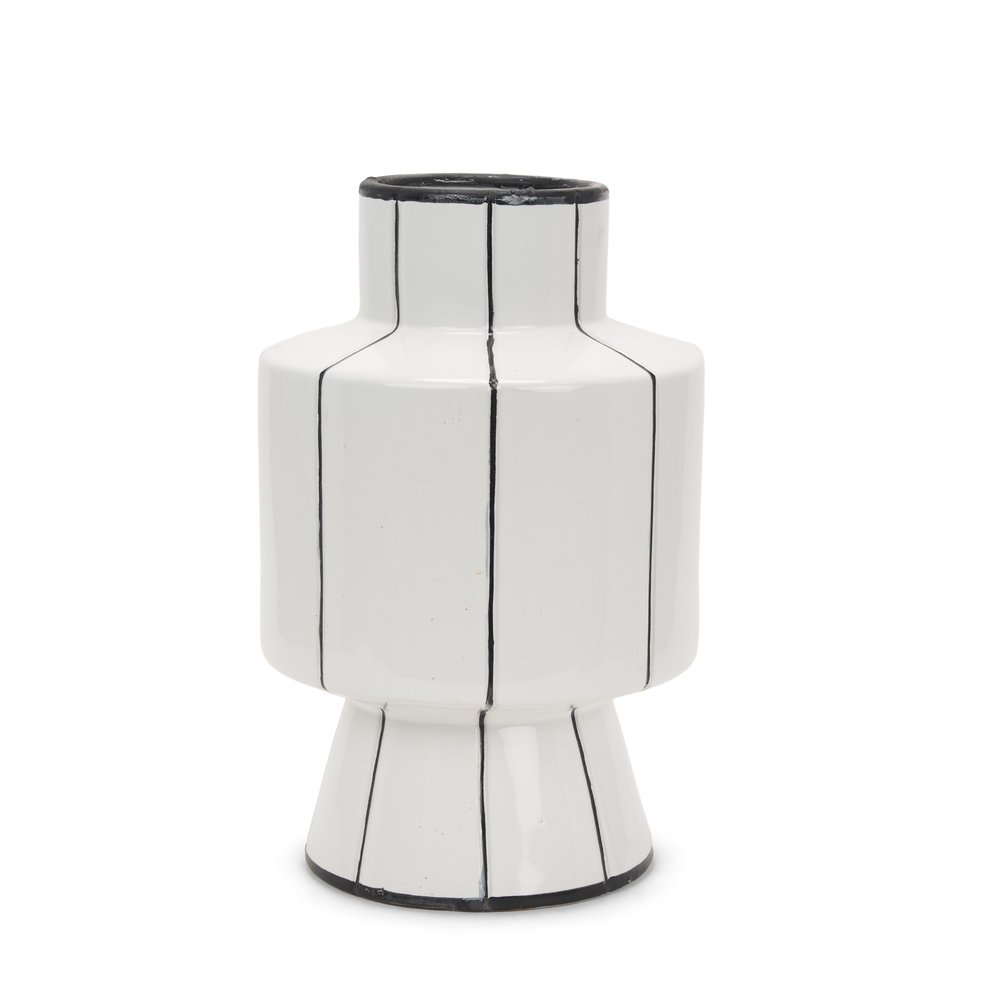 16" White And Black Striped Ceramic Cylinder Table Vase — view 1