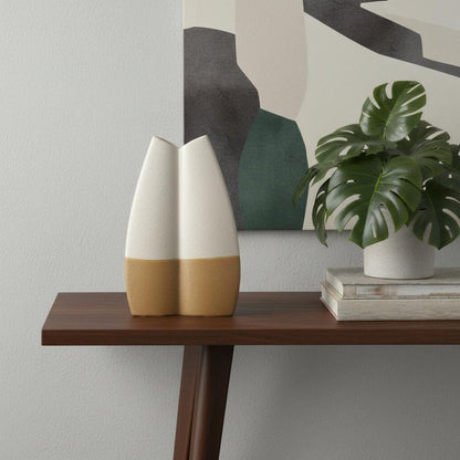 16" Off White And Tan Color Block Ceramic Table Vase HomeRoots