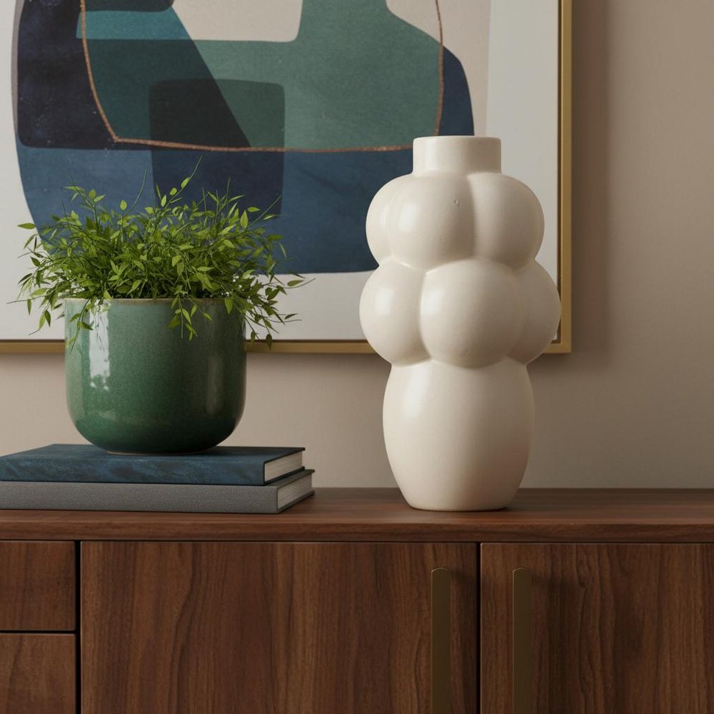 14" Cream Ceramic Modern Abstract Bubbles Table Vase HomeRoots