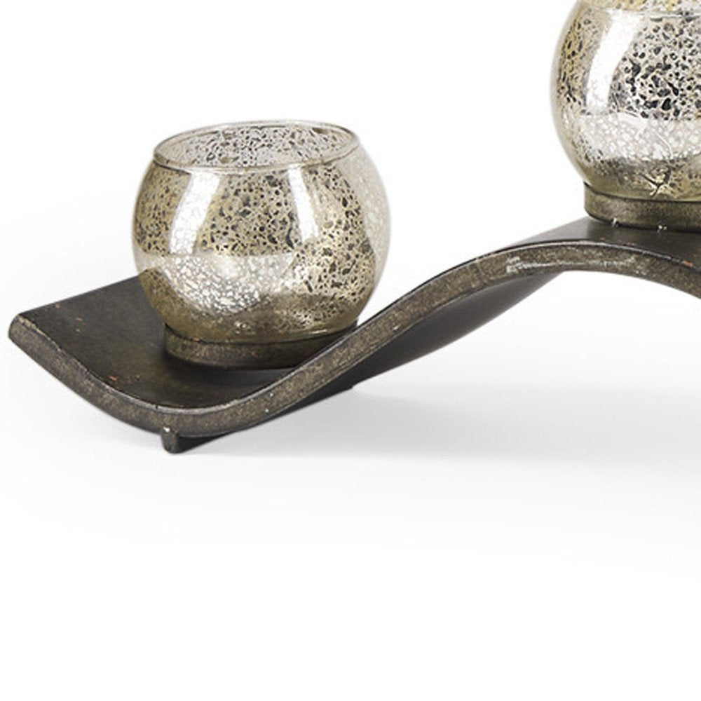 7" Silver Distressed Abstract Metal And Glass Tabletop Hurricane Candle Holder — view 3