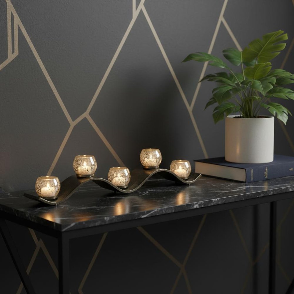 7" Silver Distressed Abstract Metal And Glass Tabletop Hurricane Candle Holder — view 4