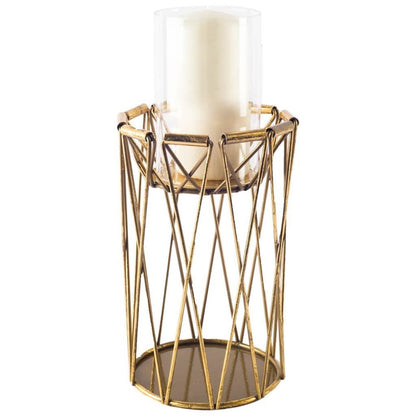 10" Antiqued Brass Distressed Geometric Metal And Glass Tabletop Hurricane Candle Holder HomeRoots