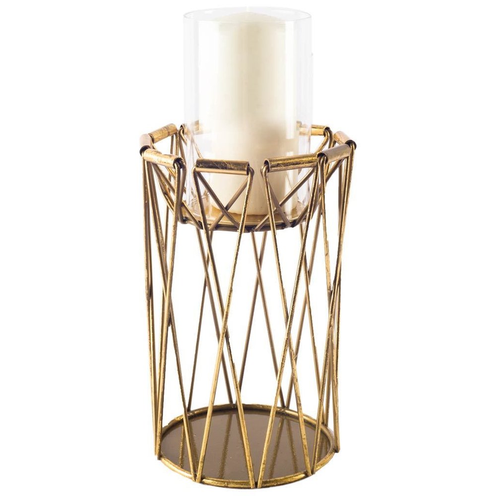 10" Antiqued Brass Distressed Geometric Metal And Glass Tabletop Hurricane Candle Holder HomeRoots