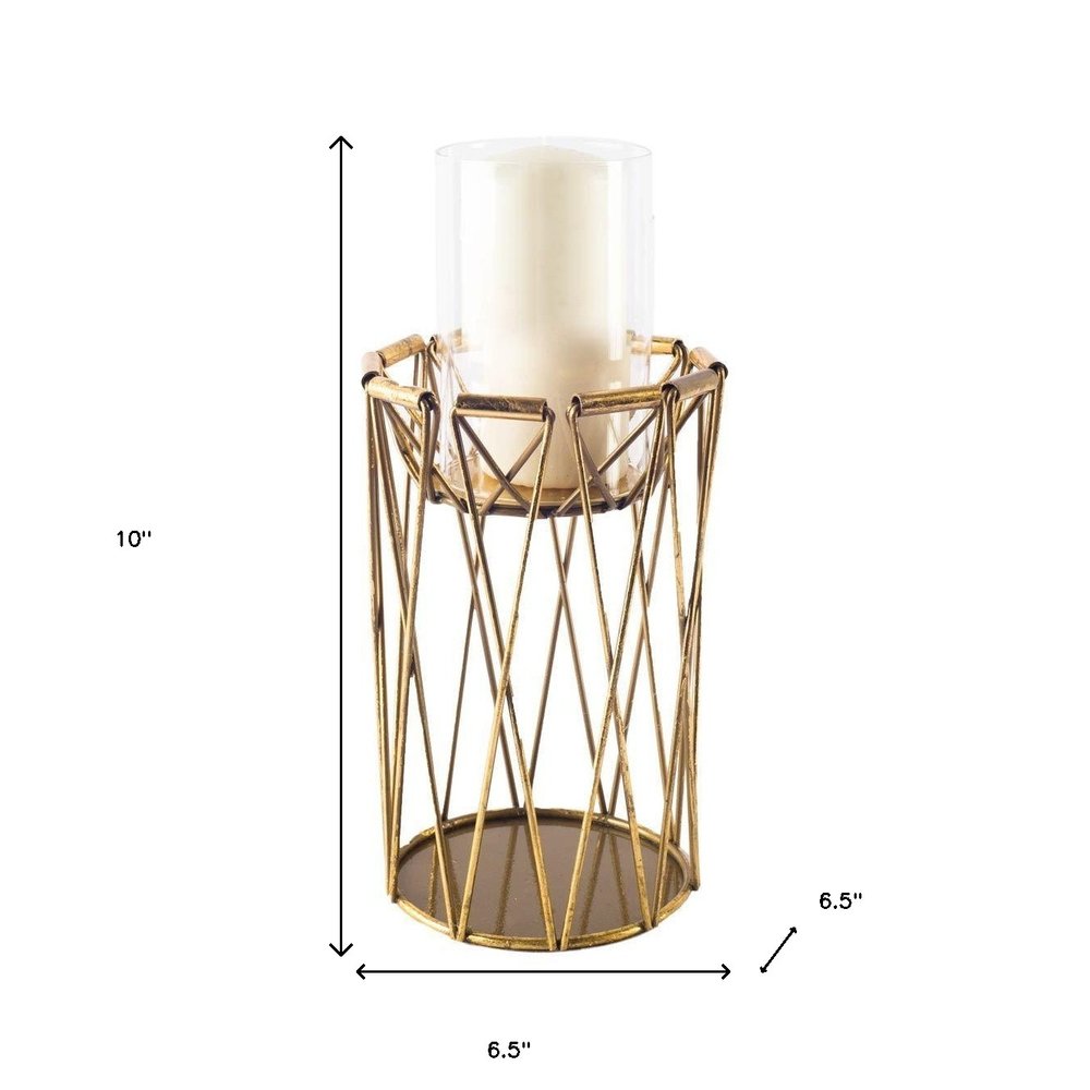 10" Antiqued Brass Distressed Geometric Metal And Glass Tabletop Hurricane Candle Holder HomeRoots