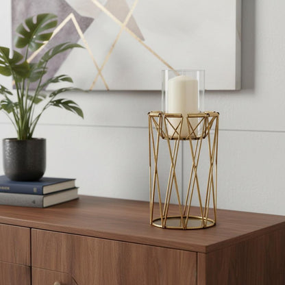 10" Antiqued Brass Distressed Geometric Metal And Glass Tabletop Hurricane Candle Holder HomeRoots