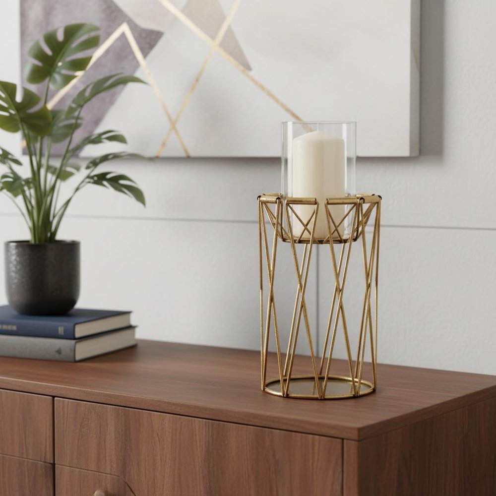10" Antiqued Brass Distressed Geometric Metal And Glass Tabletop Hurricane Candle Holder HomeRoots