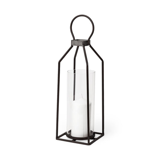 19" Black Distressed Geometric Metal And Glass Tabletop Lantern Candle Holder
