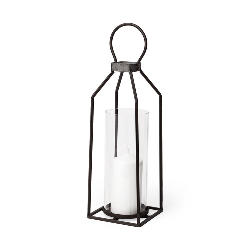 19" Black Distressed Geometric Metal And Glass Tabletop Lantern Candle Holder HomeRoots