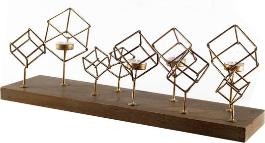 8" Brass Distressed Geometric Metal Tabletop Tealight Candle Holder